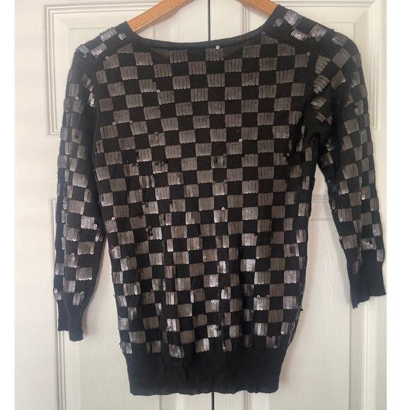 French Connection Black Sequin Checked Cashmere Blend Cardigan Sweater, Sz XS ⬇️ - Picture 2 of 3